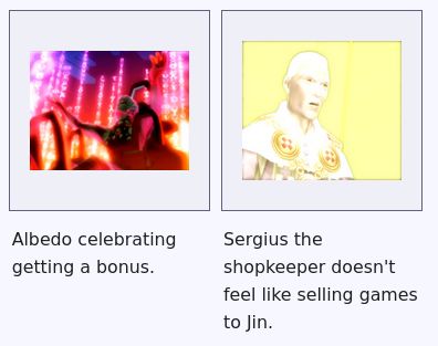 Screenshots from (what appears to be) Xenosaga 2, labelled "Albedo celebrating getting a bonus." and "Sergius the shopkeeper doesn't feel like selling games to Jin."