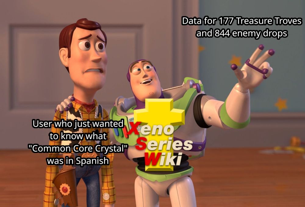 Meme image of Buzz excitedly showing something to a concerned Woody. Buzz is tagged with the Xeno Series Wiki logo on his chest, and he is pointing at "Data for 177 Treasure Troves and 844 enemy drops"; Woody is a "user who just wanted to know what 'Common Core Crystal' was in Spanish".