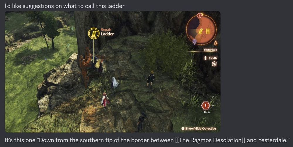 A Discord screenshot: "I'd like suggestions on what to call this ladder", followed by a screenshot of a ladder in Future Redeemed. "It's this one: 'Down from the southern tip of the border between The Ragmos Desolation and Yesterdale.' "