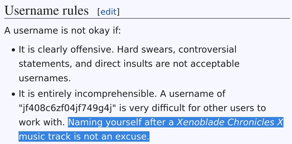 Screenshot of Xeno Series Wiki's Username Policy page. A rule against usernames being "entirely incomprehensible" is shown, with highlighted text saying "Naming yourself after a Xenoblade Chronicles X music track is not an excuse."