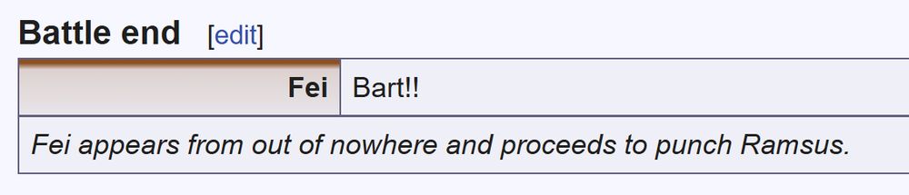Screenshot of the Ramsus (part 1) wiki page's dialogue section. At the fight's end, Fei shouts "Bart!!", followed by a scene description where he "appears from out of nowhere and proceeds to punch Ramsus."
