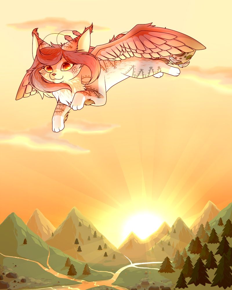 A winged feline creature is flying across a valley. The time is sunset. The character is looking down at the view below her. The valley has a river running across it. There appear to be rocks and stones in the front of the valley. On the right there are spruces. There are a few clouds in the sky but the sky is clear otherwise. The character seems to smile at the view.