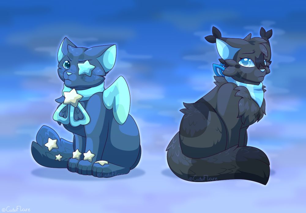 Two cats are facing away from each other. Midnight, the left character, is looking annoyed at Moonlight. Moonlight looks back at Midnight with a worried expression. The background is blue with a foggy texture. Both of the characters are sitting down.