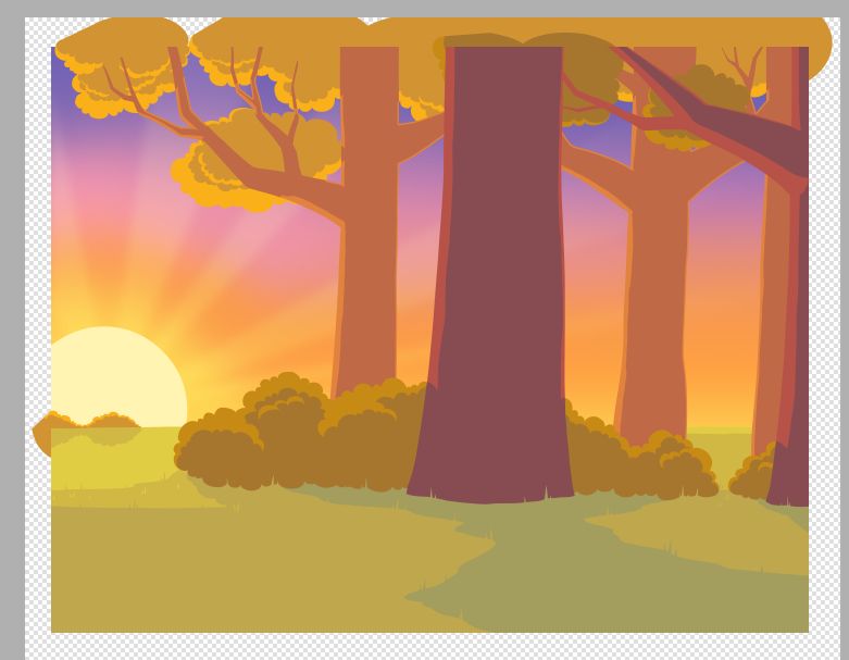 A screenshot of a drawn sunset. The scenery involves a small patch of forest that has a few trees and bushes.