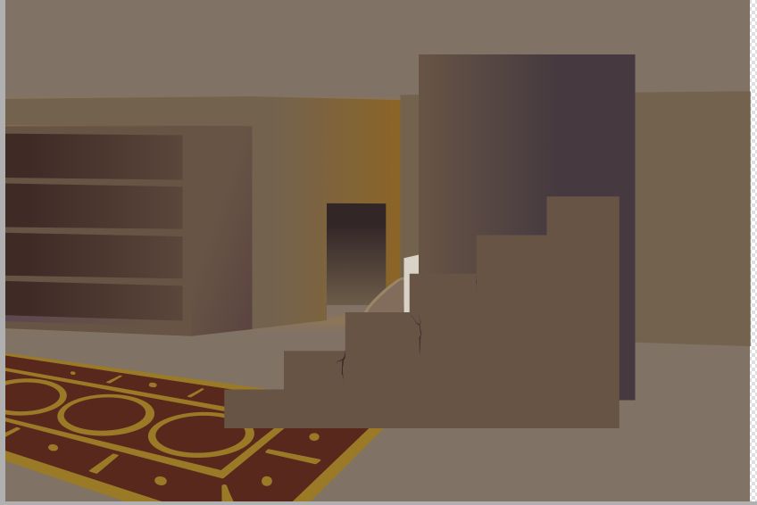 A screenshot of an indoor background. Some of the elements that appear to float will be cut and framed in the final comic panels.