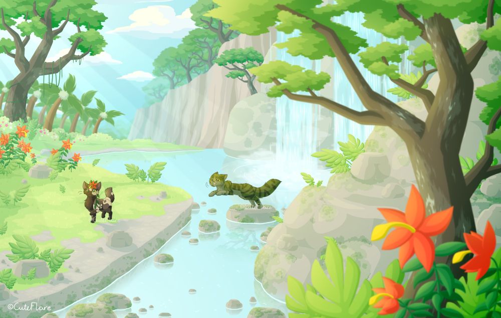 A jungle scene where's two cats. The tortoiseshell cat (brown) is walking by the shore and the green tabby cat is hopping over stepping stones. There are various different trees, ferns and flowers all around. At the back of the green tabby cat is a waterfall.