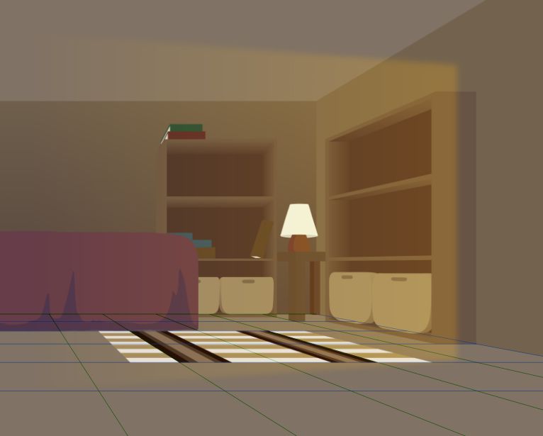 A screenshot of a indoor bedroom, that also shows a perspective grid that has been a tool to place everything correctly. The room has one bed, two pretty empty bookshelves, and a small table in a corner topped off with a lamp.