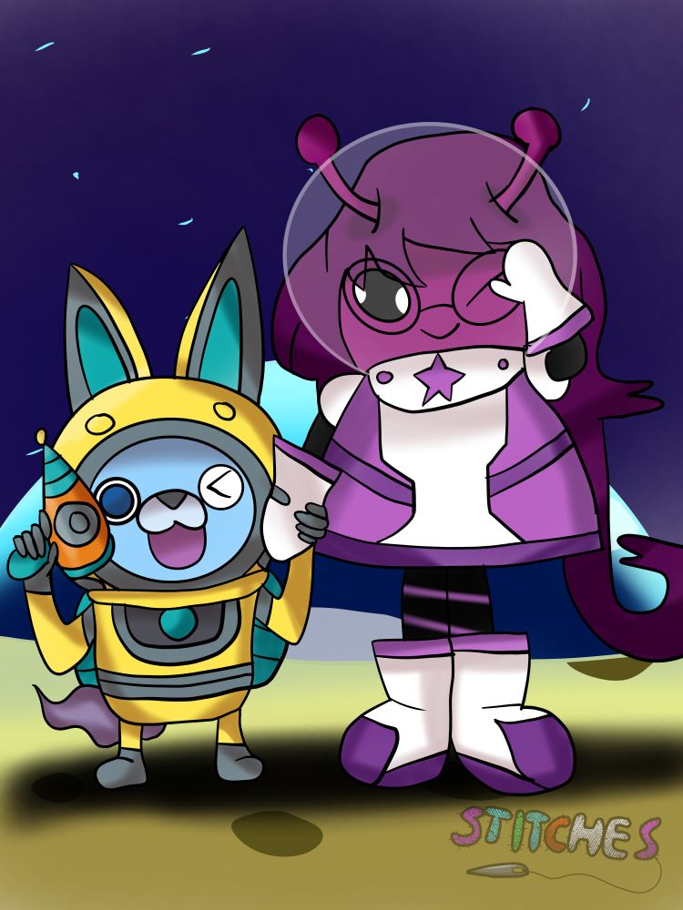 A drawing featuring Usapyon and 4Reel holding hands on the Moon with the Earth in the background.
