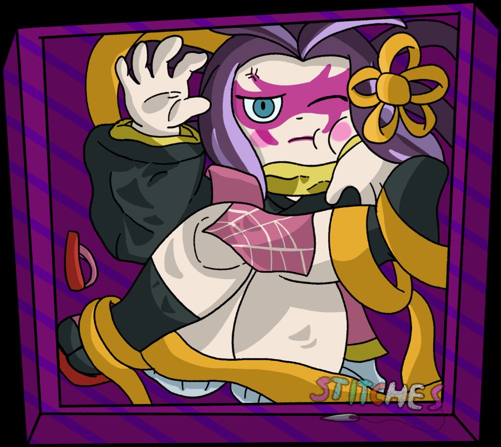 A drawing of a gift box containing Arachnia inside of it tangled in gift wrapping with an embarrassed face.