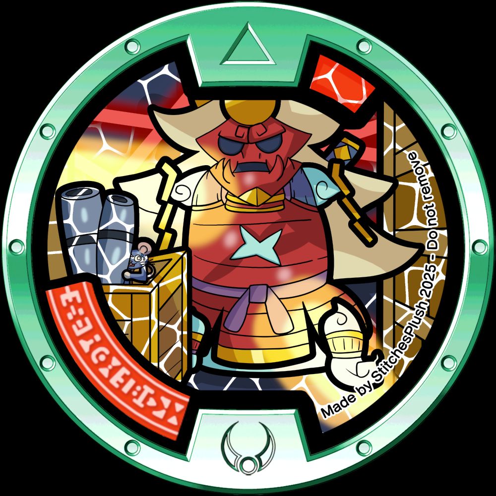 A Brave Z medal of Phantasmurai. It shows the armor part of the Yo-kai standing still with its arms in the floor as if it's unanimated (it's just trying to pretend) with 2 flash-lights hitting it and some security lasers behind it. The mouse meanwhile is inside a box with 2 metal pipes trying to avoid being spotted by the flash-lights.