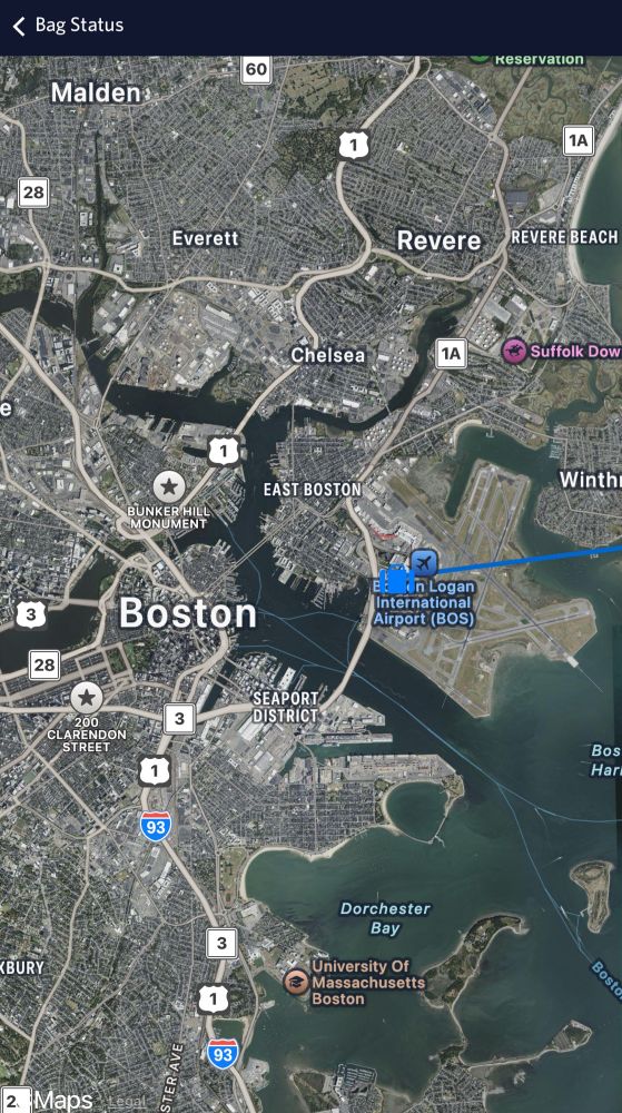 Map from airline showing bag in Boston and scheduled for delivery