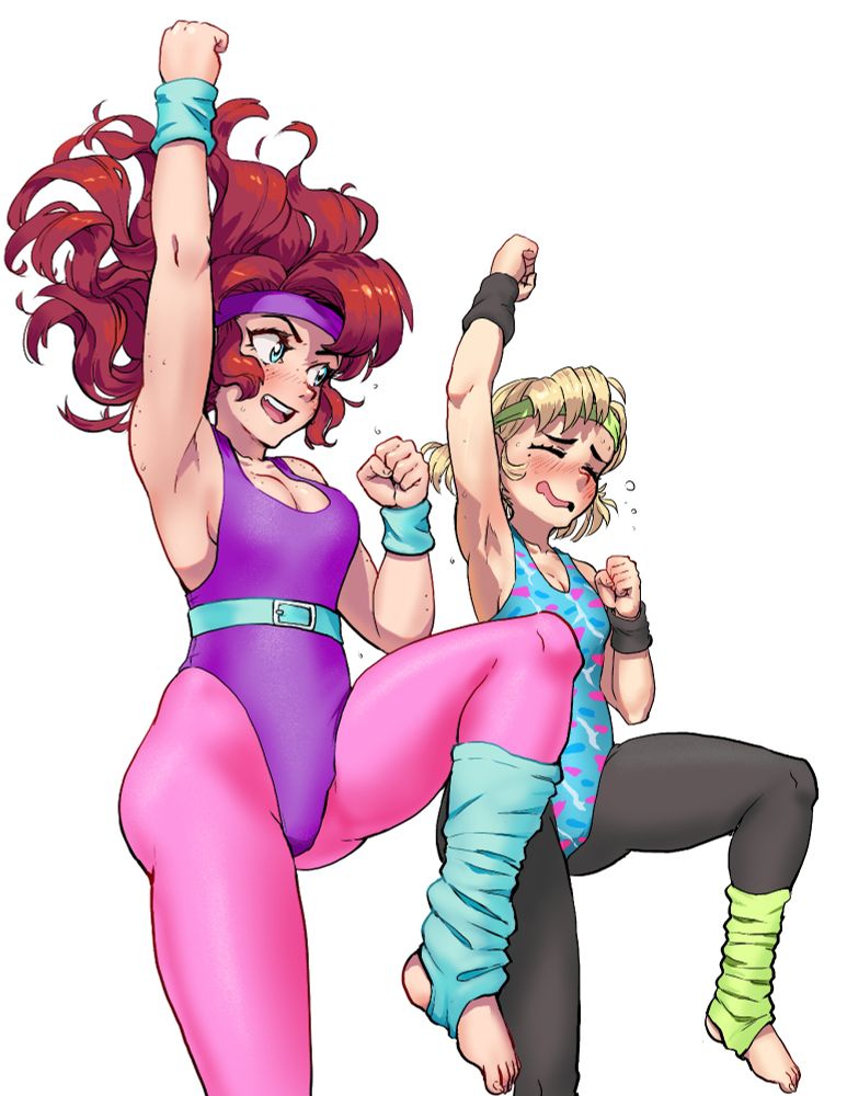 Art of my OCs Kerrigan and Olivia doing jazzercise in appropriately garish attire. Olivia is not holding up as well as Kerrigan