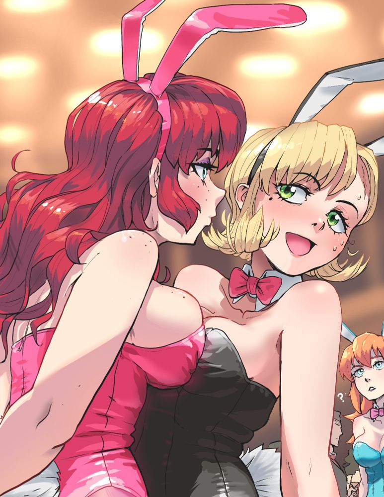 OCs Kerrigan, Olivia, Michelle(bottom right) Kerrigan Leering at Olivia while pressing up against her, seemingly expecting to be owed something. Olivia nervous and leaning back though not uninterested. Michelle just appearing and not sure of the situation.