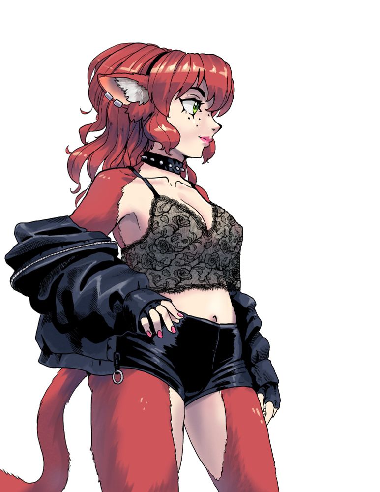 Kerrigan, my red-haired cat girl OC stands confidently while wearing a leather jacket, black metallic booty shorts, a lace braless top, and spiked collar. It's alt fashion, I suppose. Her hair is also done up in bouffant/loose beehive style. 