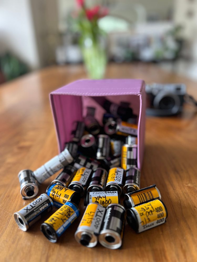Photograph of about 40+ rolls 35mm & 120 film to develop. 