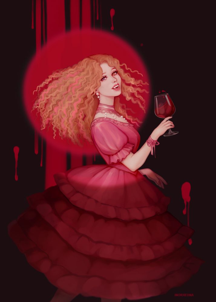 a halfbody art of a youthful looking vampire woman. she's pale and has medium length curly blonde hair with pink steaks, she's dressed in a pink lolita-style dress. she is smiling brightly, showing off her fangs, and is holding a wine glass in her hand filled with blood. a circular projector light is focusing on her upper body and there are stylised bloodstains in the background