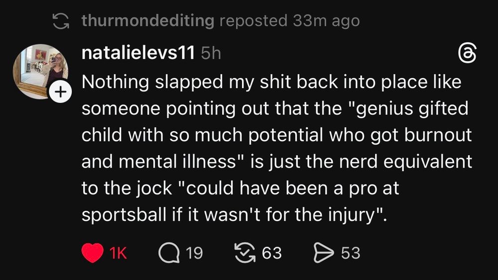 Threads post that says Nothing slapped my shit back into place like someone pointing out that the "genius gifted child with so much potential who got burnout and mental illness" is just the nerd equivalent to the jock "could have been a pro at sportsball if it wasn't for the injury".