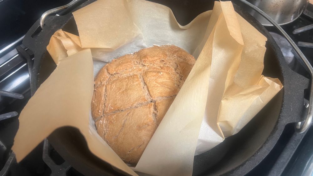 A finished loaf of sourdough, still in parchment inside a dutch oven.