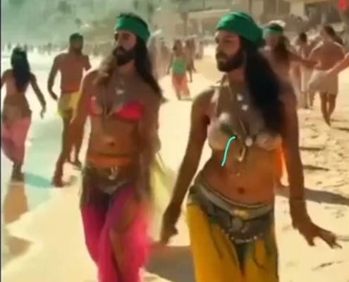 Bearded men in belly dancing outfits in the new TrumpGaza video. One looks suspiciously like Don Junior.