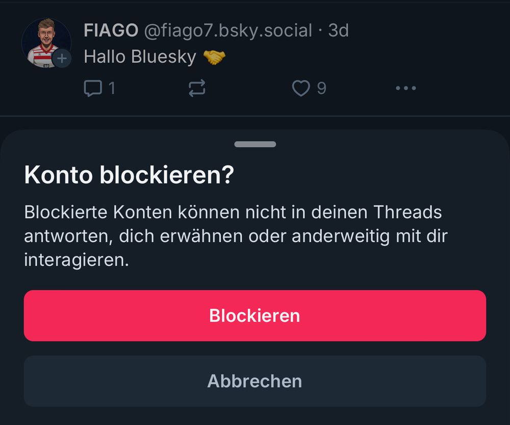 Screenshot Blueskyprofil Fiago7, darunter die Schaltfläche um ein Konto zu blockieren
