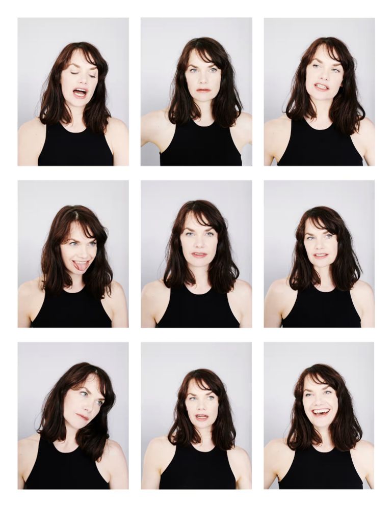 A 3x3 grid of 9 passport-style photographs of Ruth Wilson pulling various faces. She wears a plain black Chloé vest against a white background.
Photograph: Kate Peters/The Guardian