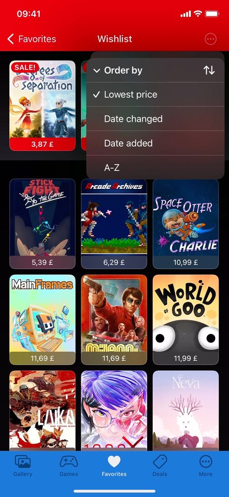 Wishlist screen showing ordering by lowest price