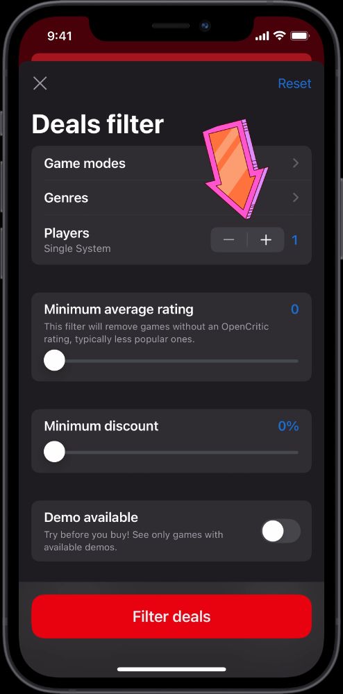 Updated Deals filter screen with option to specify number of players.