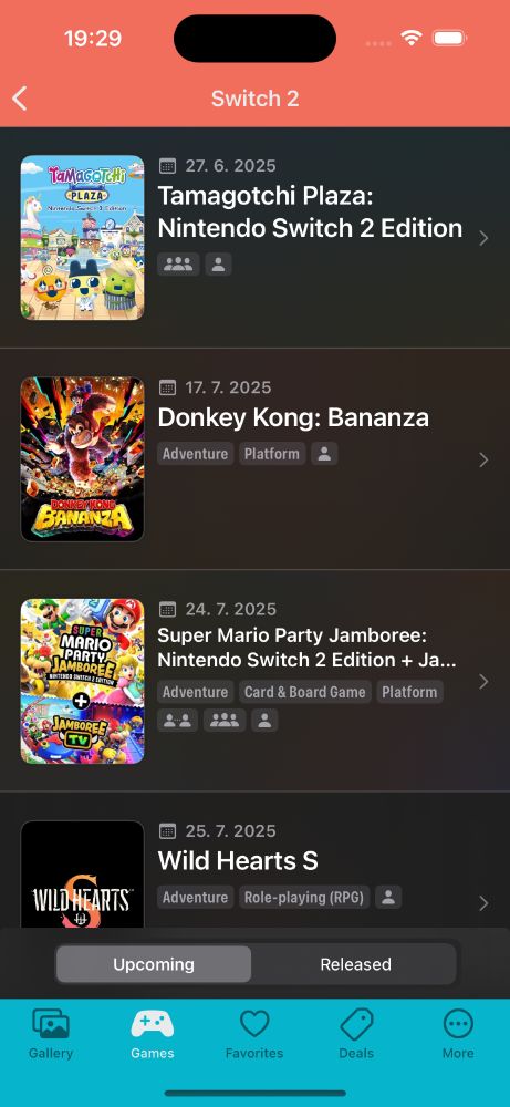 The new screen showing Upcoming list with Tamagotchi Plaza for Switch 2, Donkey Kong: Bananza, Super Mario Party: Jamboree Switch 2 edition and Wild Hearts S.