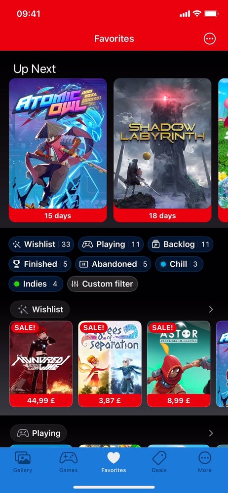 New Favorites screen showing the Up Next, tags for filtering, Wishlist row