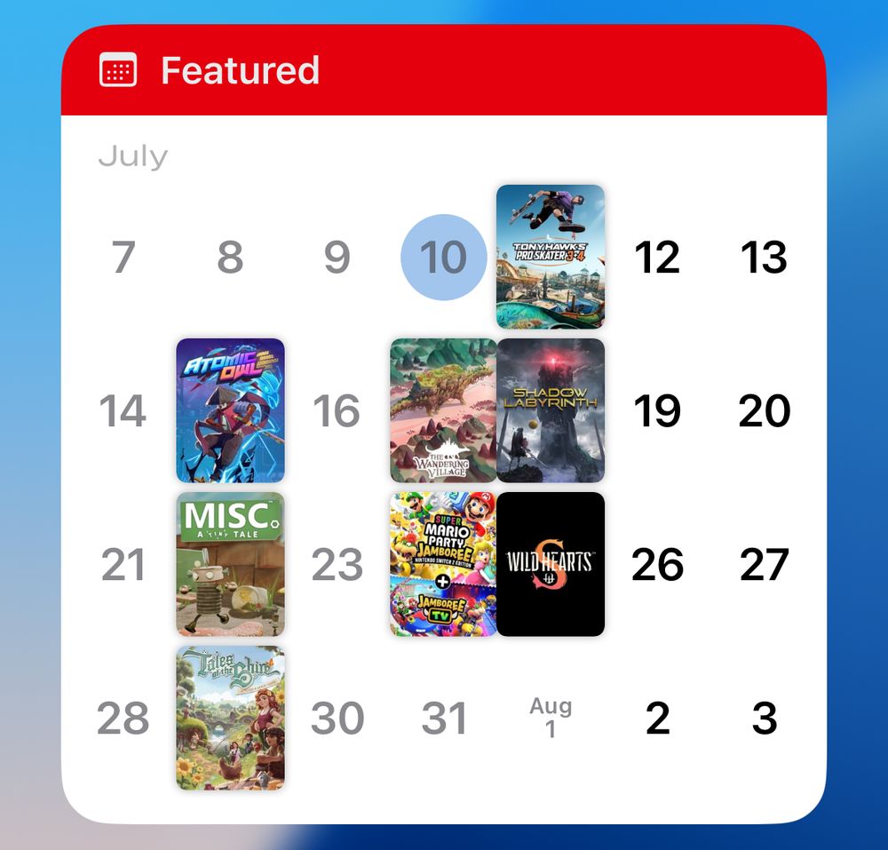 Featured gamed widget showing many games coming out in July. 