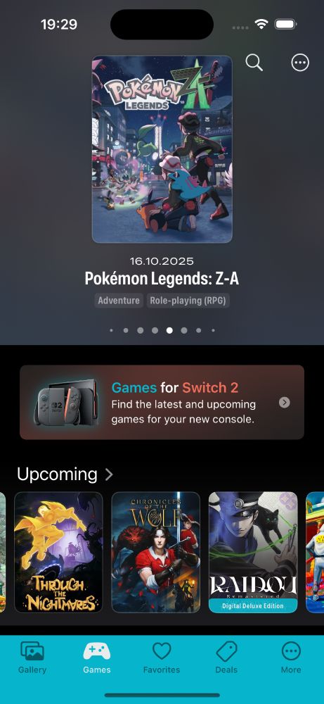 SwitchBuddy Games tab that has featured list that currently shows Pokémon Legends: Z-A and below new "Games for Switch 2" banner with the image of the console and subtitle explaining that it has latest and upcoming games for the new console.