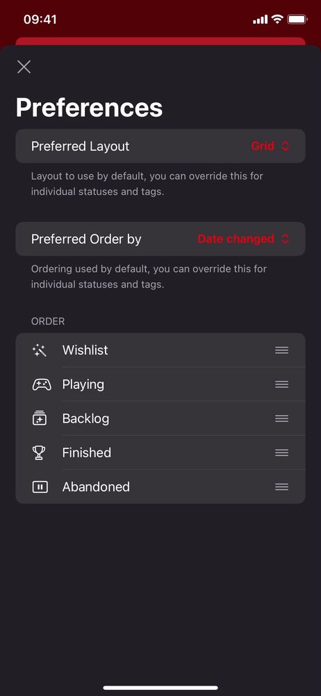 New "Preferences" screen for Favorites with ability to set preferred layout and order by + ability to re-order status sections
