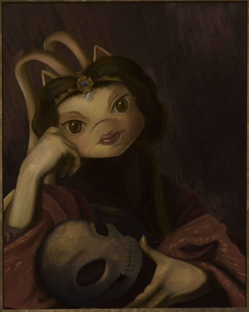 A digital painting of The Penitent Magdalene but with a yellow aisha from Neopets