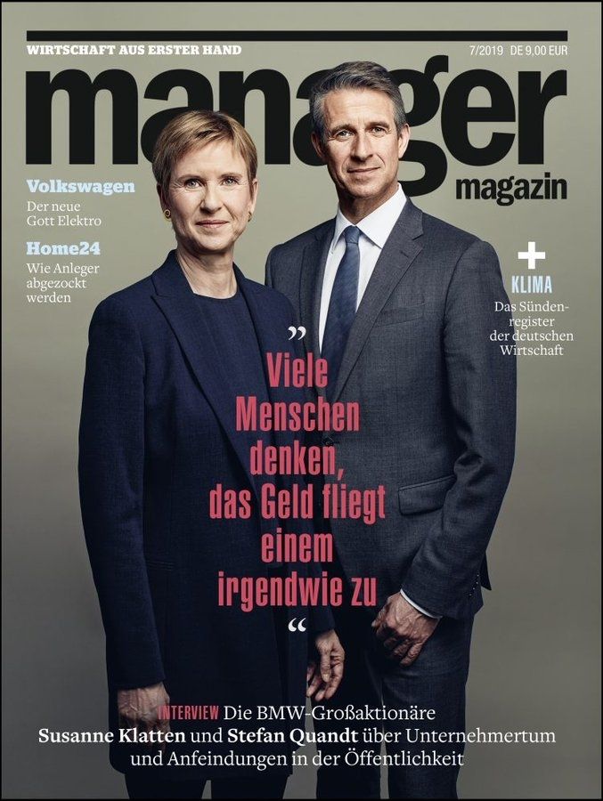 Cover des Magazins "manager magazin"
mit Susanne Klatten und Stefan Quandt auf dem Cover mit dem Zitat "Viele Menschen denken, das Geld fliegt einem irgendwie zu" Ausgabe vom 07/2019