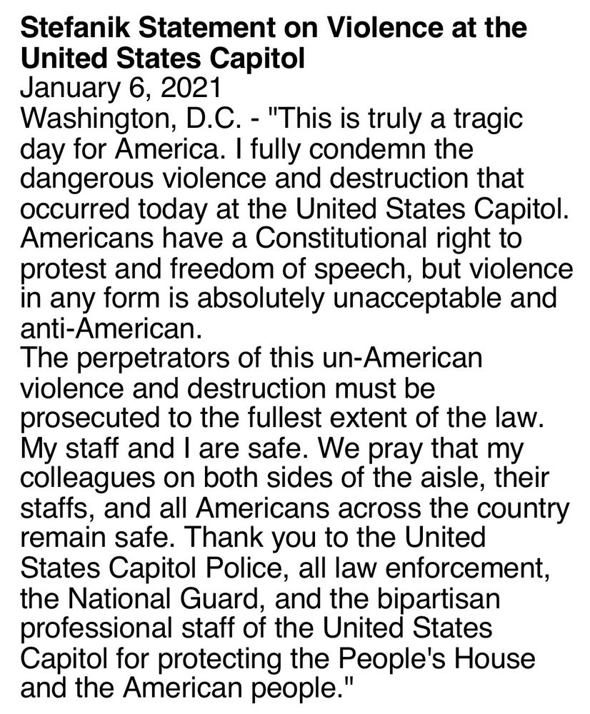 Stefanik Statement on Violence at the United States Capitol January 6, 2021 Washington, D.C. - 