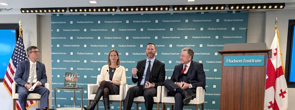 Panel discussion on January 9, 2025 at the Hudson Institute:  From left to right, Moderator Peter Rough, Hudson Institute's Director of the Center on Europe and Eurasia; Laura Thornton, Senior Director of Global Democracy Programs at McCain Institute; Luke Coffey, Senior Fellow, Hudson Institute; Ambassador Kurt Volker, Former Special Representative for Ukraine Negotiations and US Ambassador to NATO