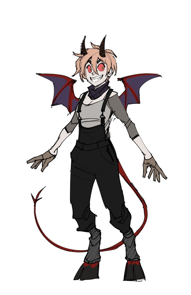 A girl with red eyes, cloven feet, horns, bat wings, and  barbed tail, wearing overalls and a scarf, with messy cherry-blond hair.