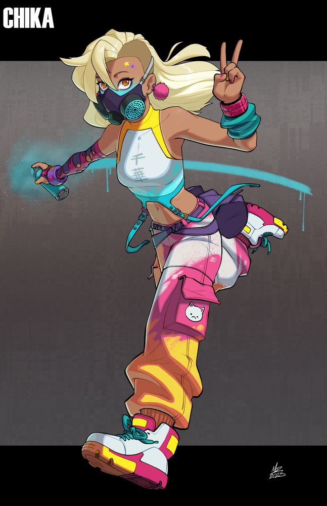 a girl with a platinum blond side shave wearing a face mask respirator. She is running and spraying spray paint behind her. She wears clothing splotched with colorful paint.