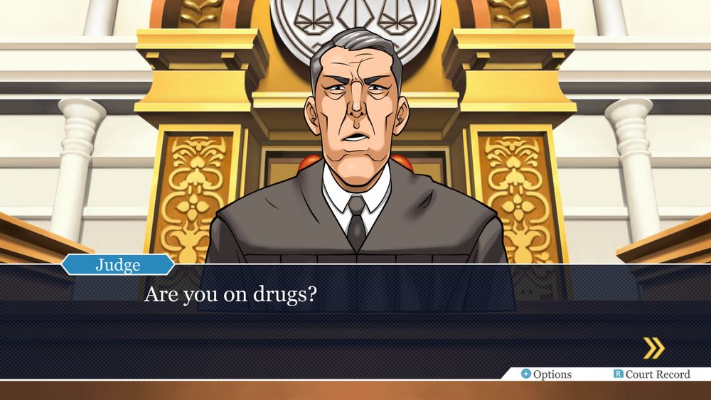 The Judge from "My Cousin Vinny" in Ace Attorney style. Dialog reads: "Are you on drugs?" 