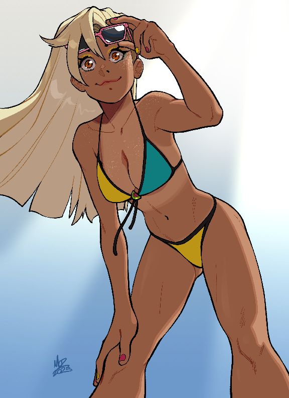 Chika in a swimsuit, sun shining down on her, she is lifting her sunglasses to look down toward the viewer