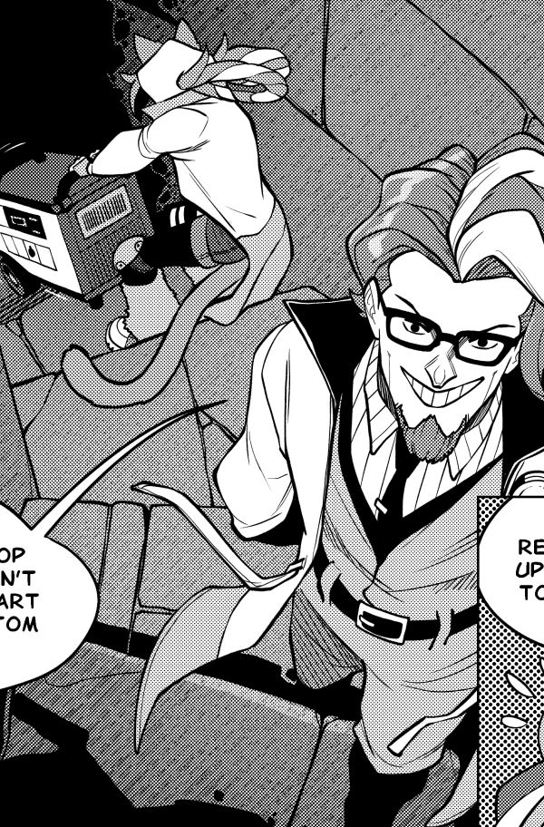 Dr. Van Horne and Alix heading up a set of spiral stone stairs, Alix is dragging along a heavy machine