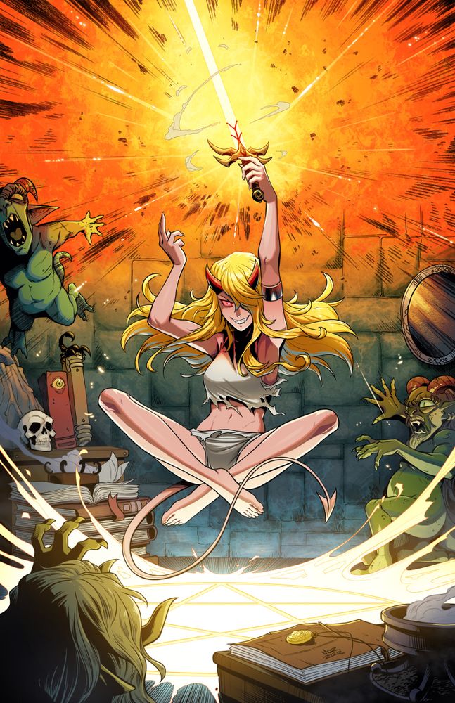 My redraw of the cover described, showing Magik holding aloft her soul blade and floating above the ground with a wicked smile.
