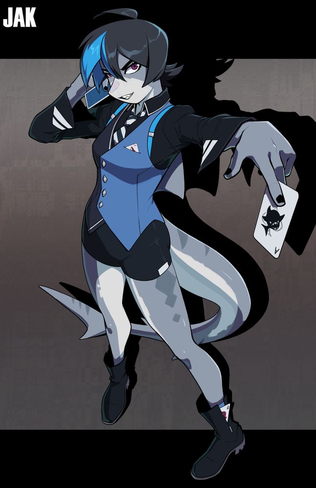 a tiger shark girl with short hair (with a blue streak) holding various playing cards and wearing a card dealer's uniform