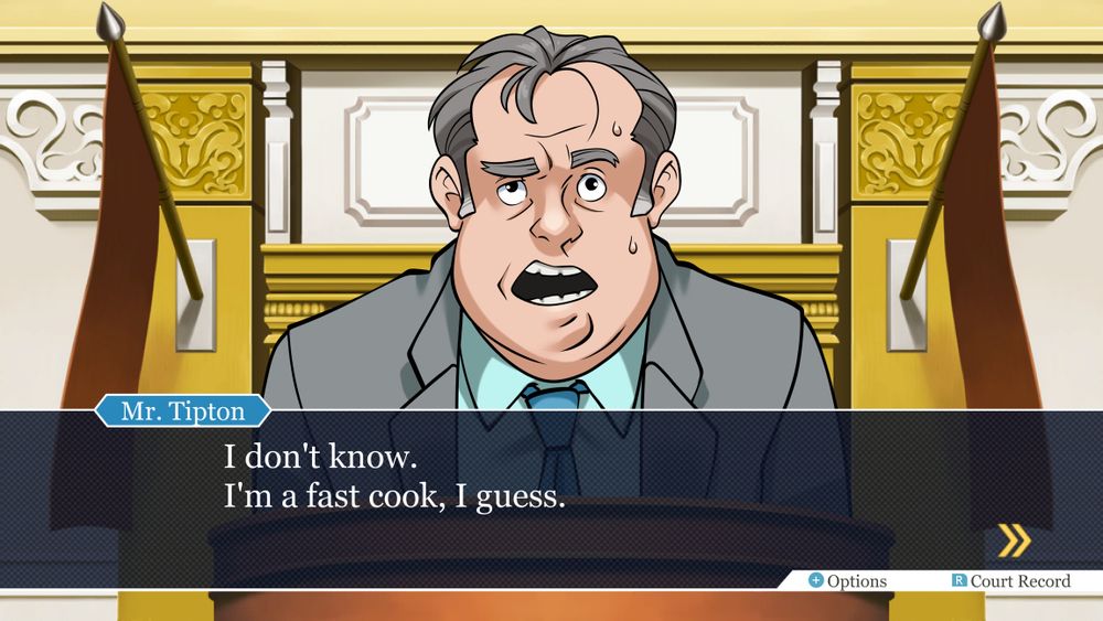 Mr. Tipton from "My Cousin Vinny" in Ace Attorney style. Dialog reads: "I don't know, I'm a fast cook, I guess."