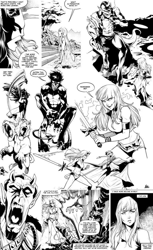 Black and white inked redraws of interior pages from the Storm and Illyana: Magik mini series