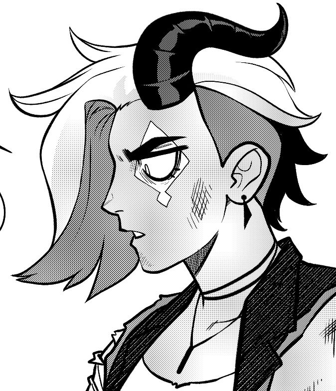 A horned woman with an undercut and a diamond pattern over her eye, wearing a ripped vest.
