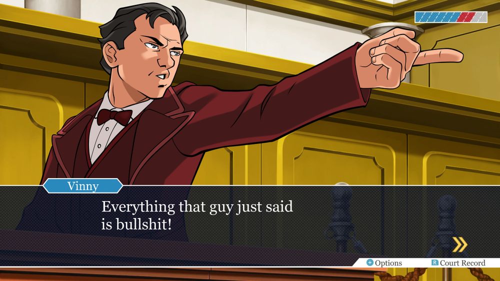 Vinny from "My Cousin Vinny" in Ace Attorney style. Dialog reads "Everything that guy said is bullshit"