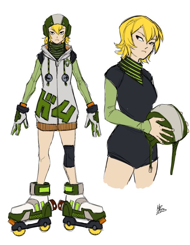 The concept sketch for Gum's redesign I did, including one with her outerwear and helmet off