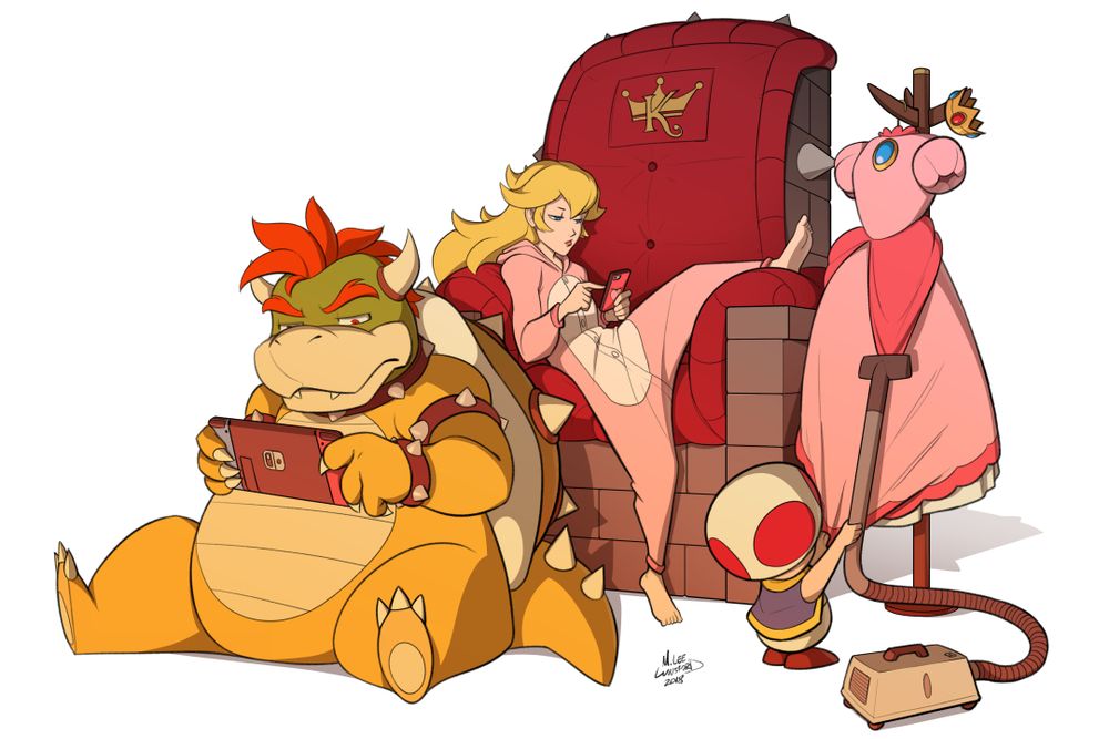 From the Mario franchise, Bowser playing on a switch, Peach in a onsie lounging on his throne while scrolling on her phone, and a Toad vacuuming her dress