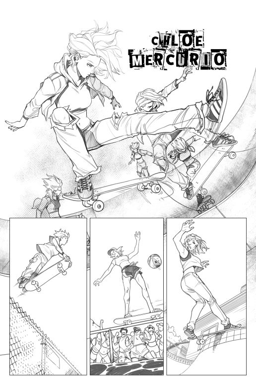 A comic page featuring a grungy skateboarder girl doing various tricks